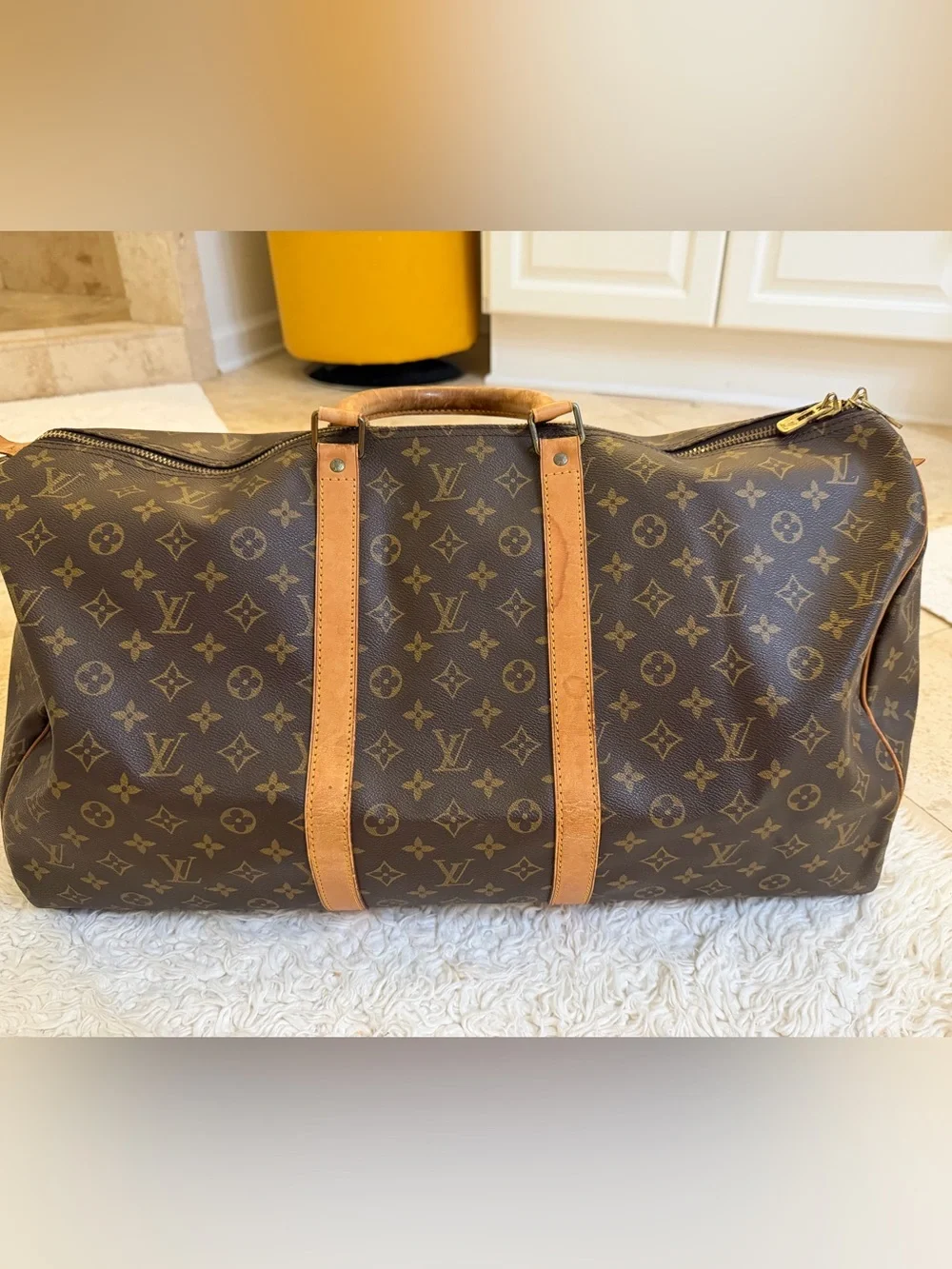 Louis Vuitton Keepall 55 Brown Monogram Canvas Duffel with Natural Leather Trim